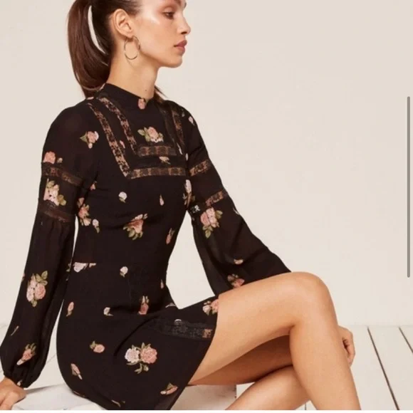 Reformation Sachi dress black size 2 Aphrodite floral - Picture 2 of 13